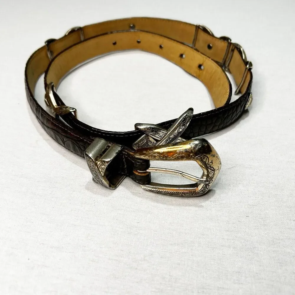 Brighton Western Belt in Brown with sliding metal Xs and silver studs, Tarnished